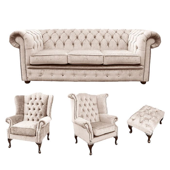 Sofagarnitur Chesterfield Set Polster Couch Sofa Ohrensessel Hocker Leder Textil