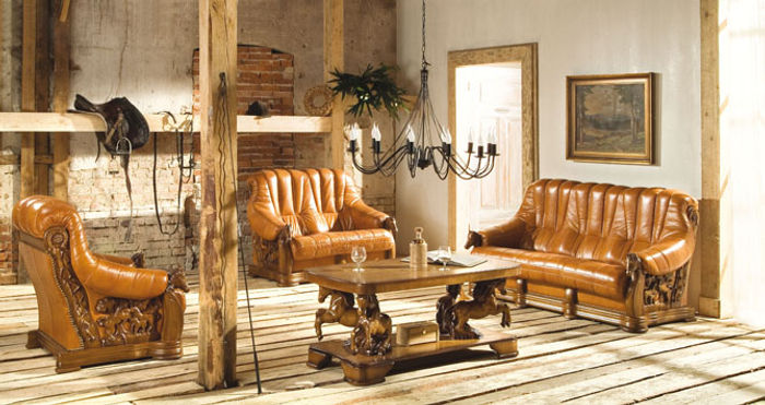 Wohnzimmer Sofagarnitur Couch Polster Sitz Sofa Leder Holz 3+2+1 Set Garnitur