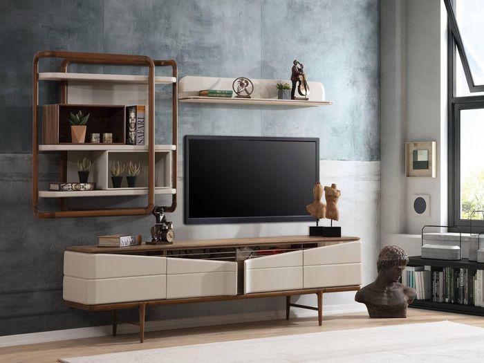 Beige Wohnzimmer Garnitur RTV-Lowboard 2x Regale Holz Designer Möbel