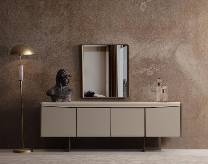 Beige Esszimmer Anrichte Rechteckiger Spiegel Stilvolle Holzmöbel 2tlg