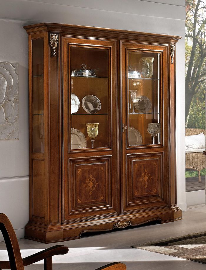 Vitrine 2 Tür Holz Schrank Vitrinen Wohnzimmer Schau Schränke Design Glas Möbel