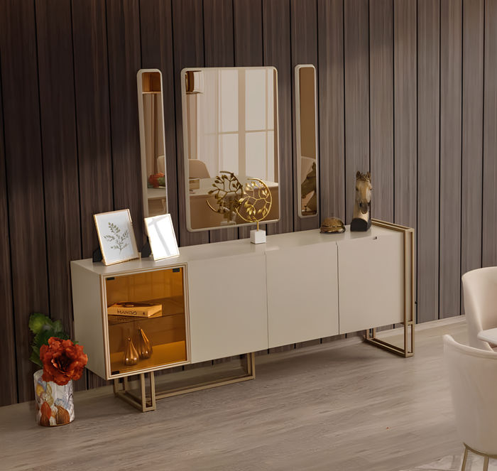 Anrichte Sideboard mit Spiegel Gruppe Kommode Holz Beige Esszimmer