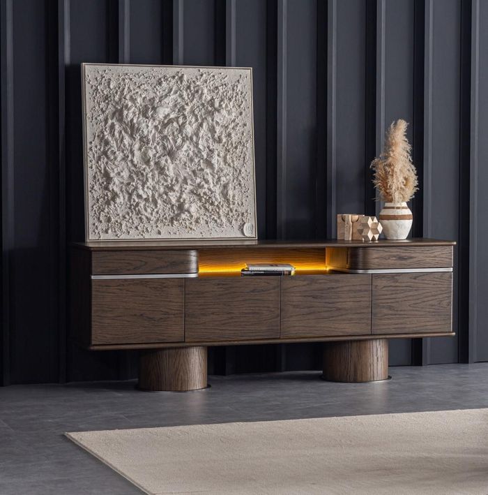 Braune Konsole, Modern, 4 Schubladen, Holz & Metall, 225x50x83 cm