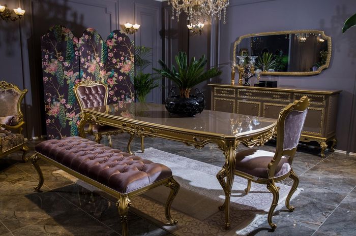Klassische Esszimmer Garnitur Tisch Stuhl Set Kommode Spiegel Hocker Stühle 6tlg