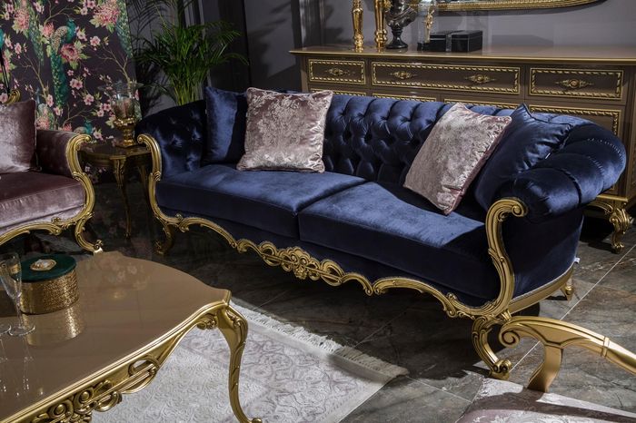 Chesterfield Blau Samt Möbel Dreisitzer Sofa 3 Sitzer Sofas Luxus Textil Couchen