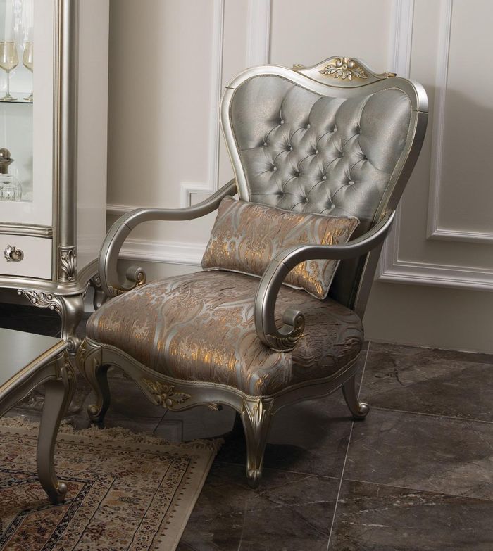 Silberner Chesterfield Sessel Französische Stil Möbel Stuhl Couch Einsitzer Holz