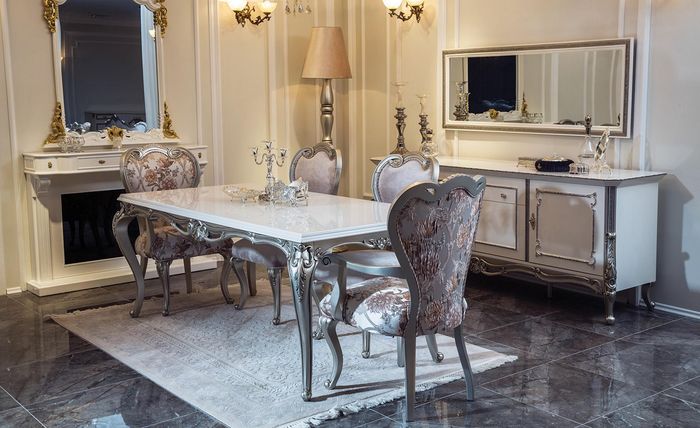 Esszimmer Set 7tlg. Esstisch 4x Stühle Kommode Spiegel Gruppe Garnitur Weiß Neu