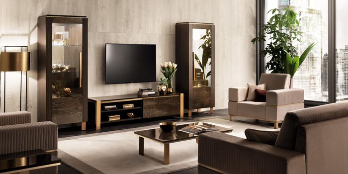 Wohnwand TV Lowboard Elegante Vitrine Wohnzimmer Design Klassisch 3tlg.