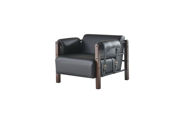 Lehnsessel Schwarz Modern Sessel Holz Leder Weiche Armlehnen 1-Sitzer