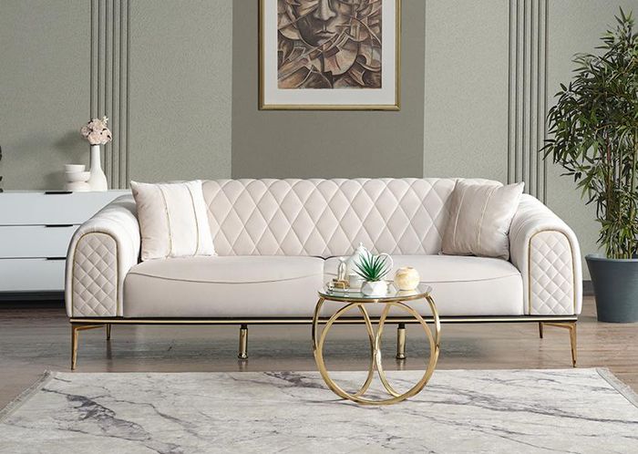 Dreisitzer Sofa 3 Sitzer Stoffsofa Polstersofa Couch Beige Luxus Sofas Weiß