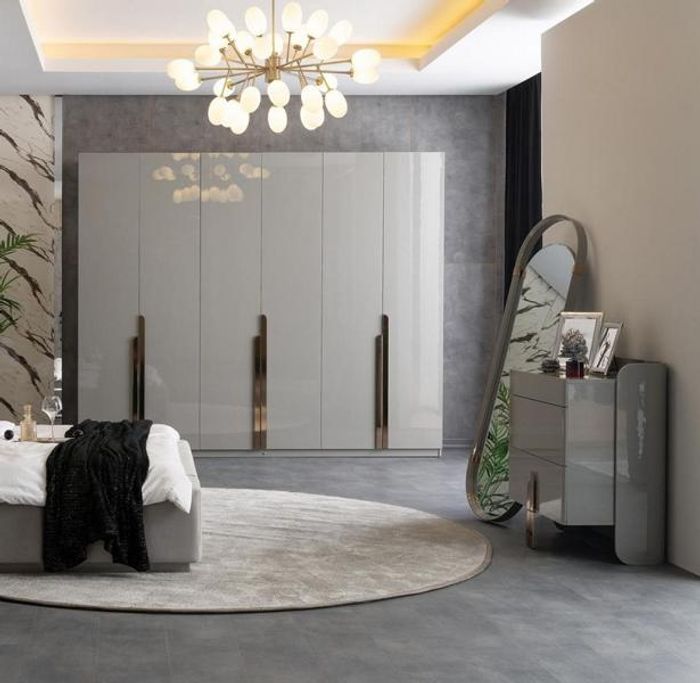 Kommode Standspiegel Kleiderschrank Hochglanz Edelstahl Schlafzimmer Grau
