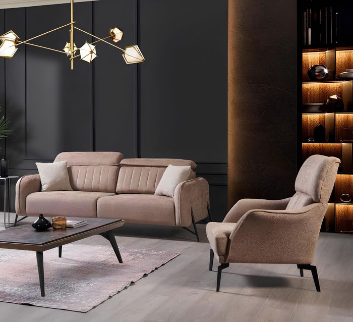 Beiges Wohnzimmer Stoffsofa Luxuriöser Sessel 3-Sitzer Einsitzer 2tlg