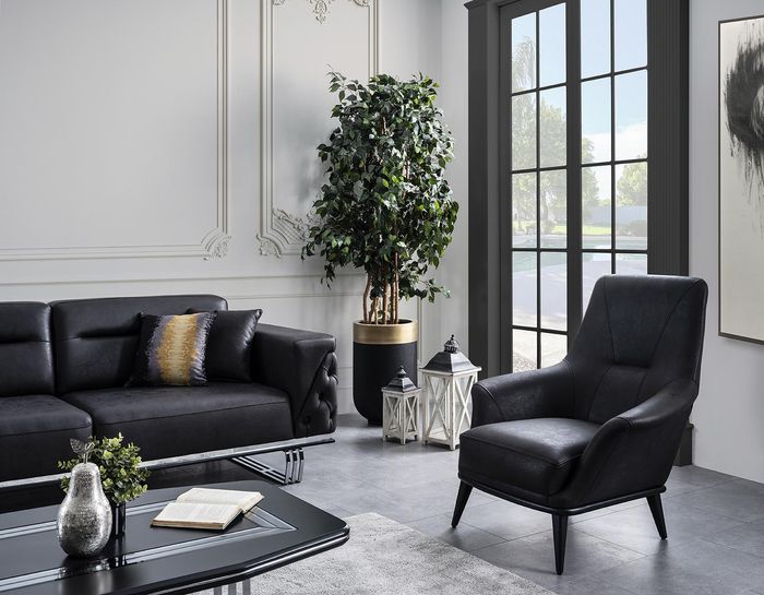 Luxus Sessel Ohrensessel Cocktailsessel Kunstleder Polyester Schwarz