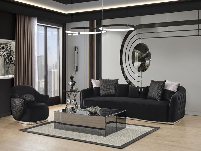 Sofagarnitur Sofa 4 Sitzer Sessel Viersitzer Stoff Schwarz Polyester