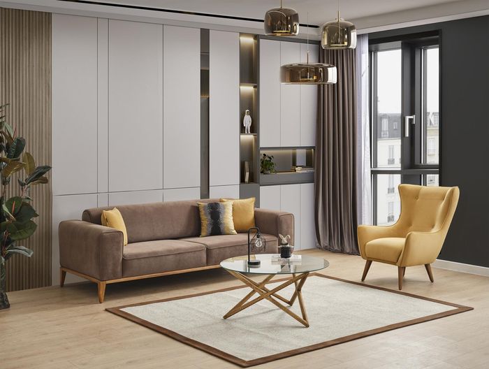 Sofagarnitur Sofa 4 Sitzer Sessel Gelb Stoff Btaun Modern Viersitzer