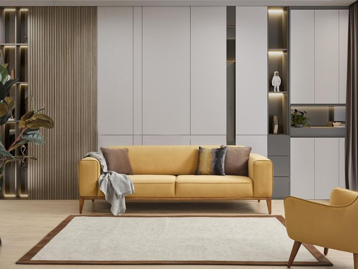Dreisitzer Sofa 3 Sitzer Sofas Stoff Gelb Wohnzimmer Luxus Modern Sitz