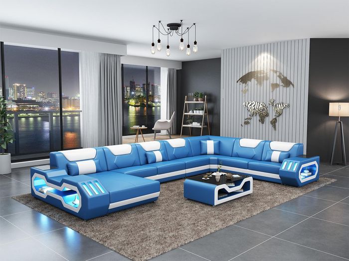 Ecksofa U-Form Couchtisch Couch Design Grau Polster Leder Modern Wohnlandschaft