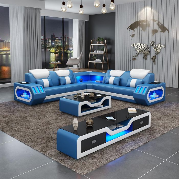 Ecksofa L Form Couchtisch Sofa Couch Design Polster Leder Modern Blau Tisch neu