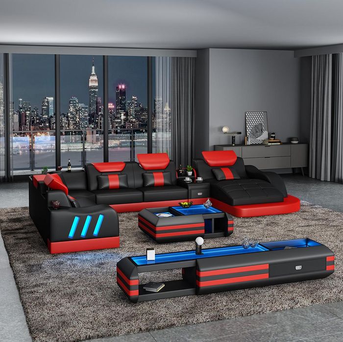 Ecksofa U-Form Sideboard Couchtisch Couch Design Grau Polster Leder Modern 3tlg.
