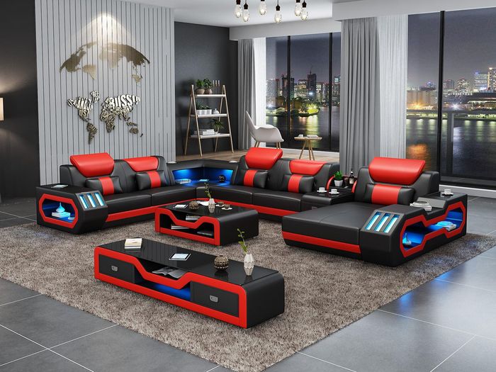 Wohnlandschaft Couch Polster Sofa Garnitur 3tlg. Set Couchtisch Sideboard Leder