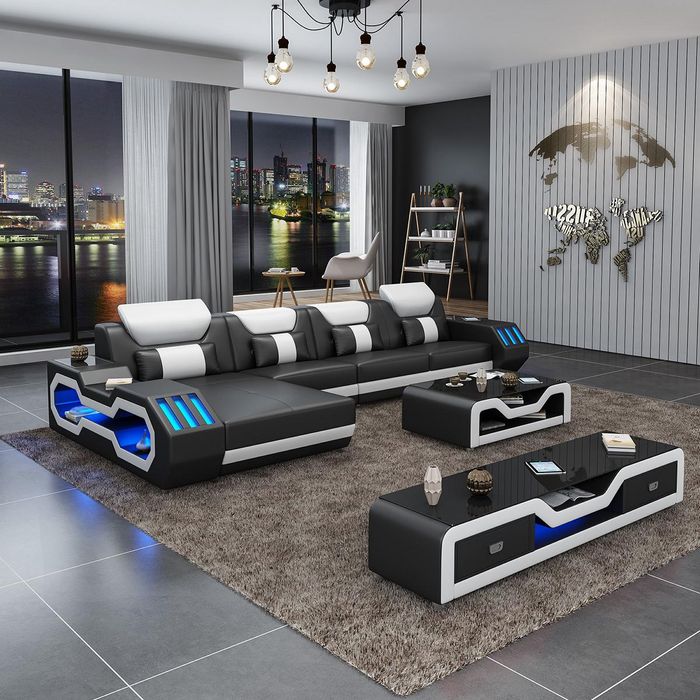 Leder Modern Couch Wohnlandschaft Ledersofa Sofagarnitur Sofa L-Form Couchtisch
