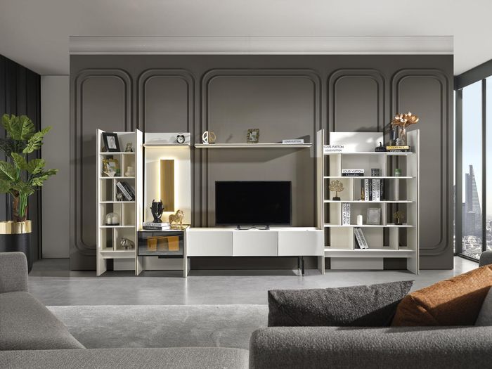 Garnitur Wohnwand TV Ständer RTV Lowboard Sideboard Regale Holz Weiß