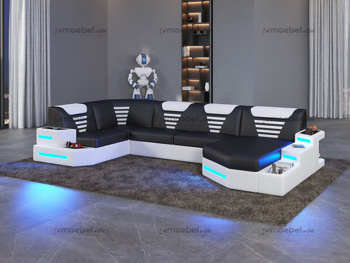 Eck Sofa Couch Polster Ecke Leder Couchen Wohnlandschaft U Form +LED