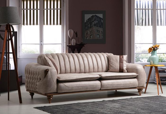 Beige Dreisitzer Chesterfield Couch Polster Möbel Textil Couchen Stoff