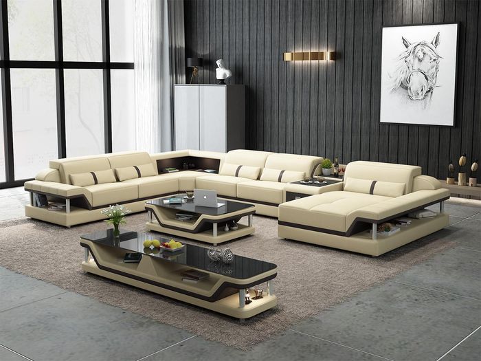 Ecksofa Beige mit Couchtisch 2tlg. Wohnzimmer Ledersofa Set Eckgarnitur Tisch