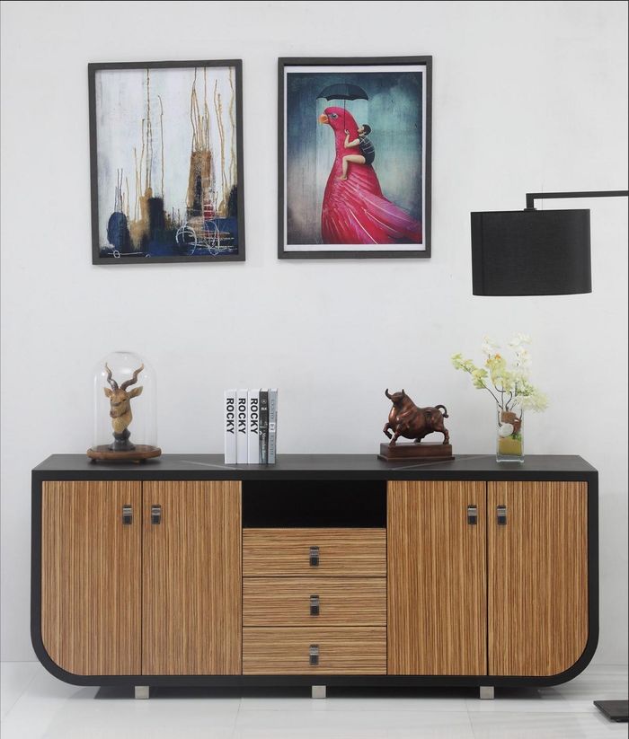 Moderne Holz-Kommode in Schwarz mit Lederfaserstoff-Details