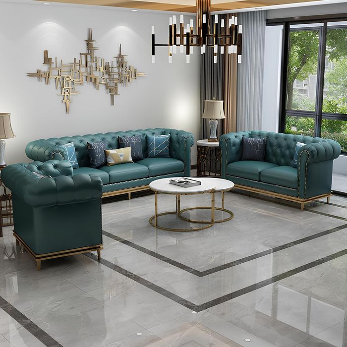 Chesterfield Sofagarnitur Couch Polster Sofa 6tlg. Wohnzimmer Set Tische Leder