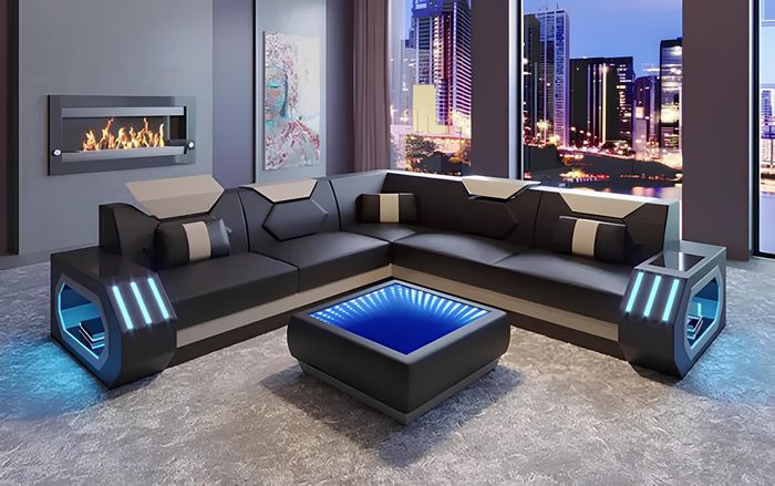 Design Eckcouch Ecksofa Wohnzimmer Möbel Lederpolster Couch Sofa L Form + Tisch