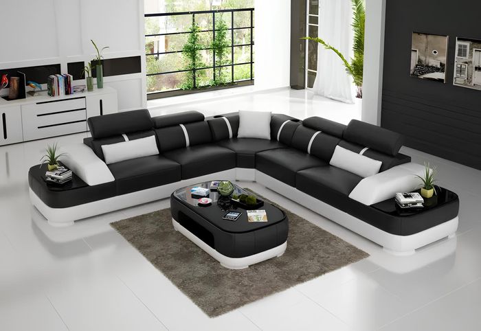 Design Möbel Eckcouch Ecksofa Wohnzimmer Lederpolster Couch Sofa L Form + Tisch