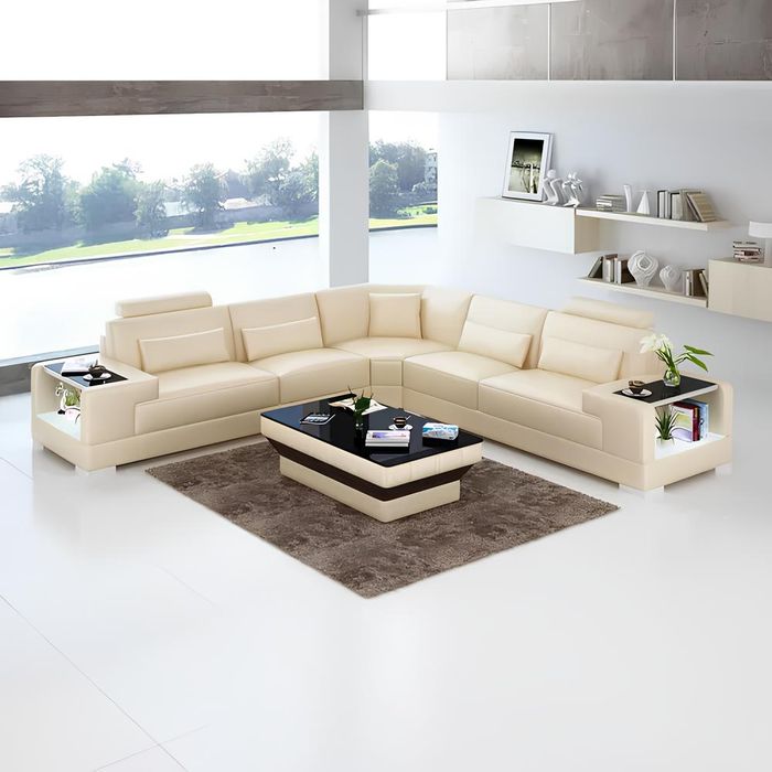 Design Wohnzimmer Sofa Möbel Eckcouch Ecksofa Lederpolster Couch L Form + Tisch