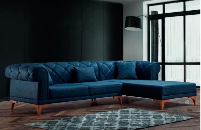 Ecksofa L Form Sofa Couch Design Couchen Polster Textil Blau Chesterfield