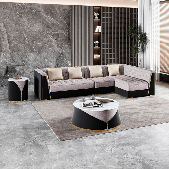Graue Wohnzimmer Sofagarnitur Ecksofa Couchtisch Beistelltisch Edelstahl