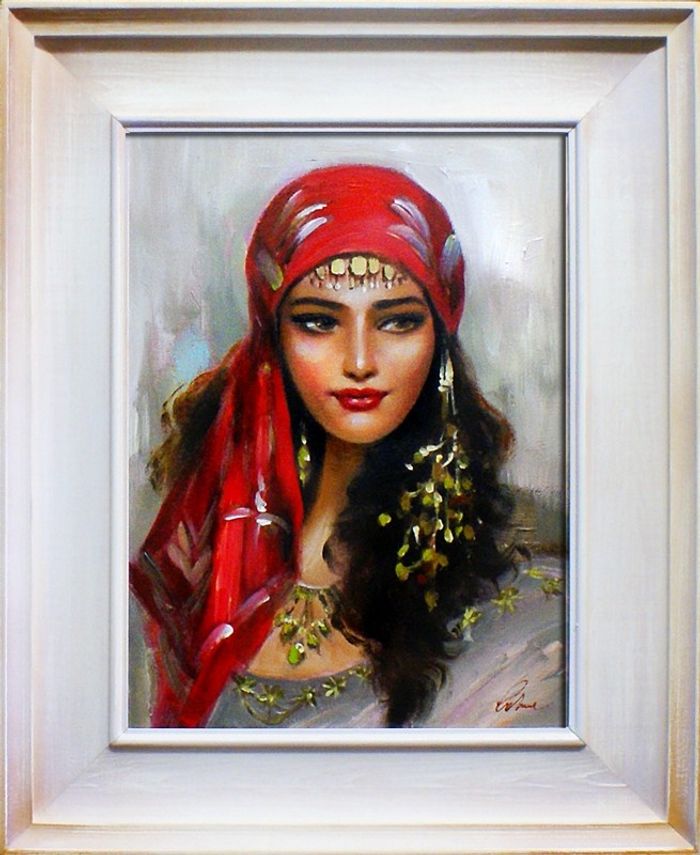 Portrait Roma Mädchen Sinti Echte Handarbeit Rahmen Öl Gemälde Bild Bilder 15866