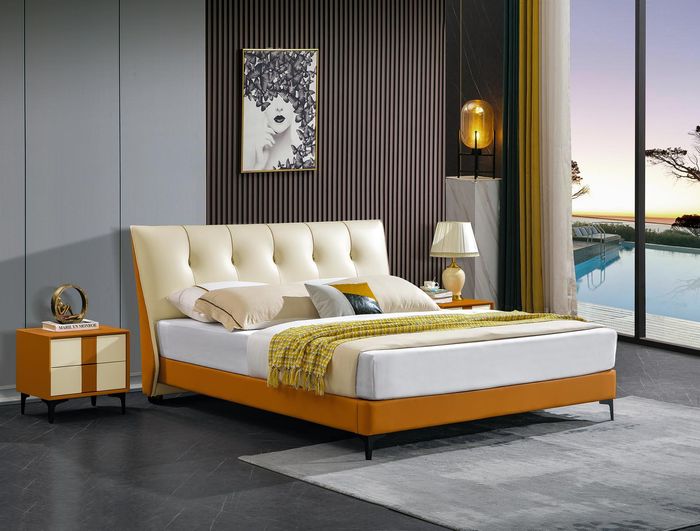 Designer Bett Orange Leder Hotel Kunstleder Betten Doppel Schlaf Zimmer Möbel