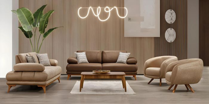 Elegantes braunes Wohnzimmer Set aus Kunstleder mit modernen Sofas