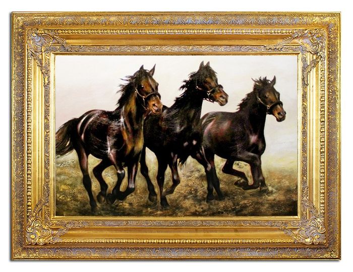 ÖLBILD ÖLGEMÄLDE PFERDEHERDE PFERDE GEMÄLDE MIT RAHMEN 87 X 117 CM Ölbilder
