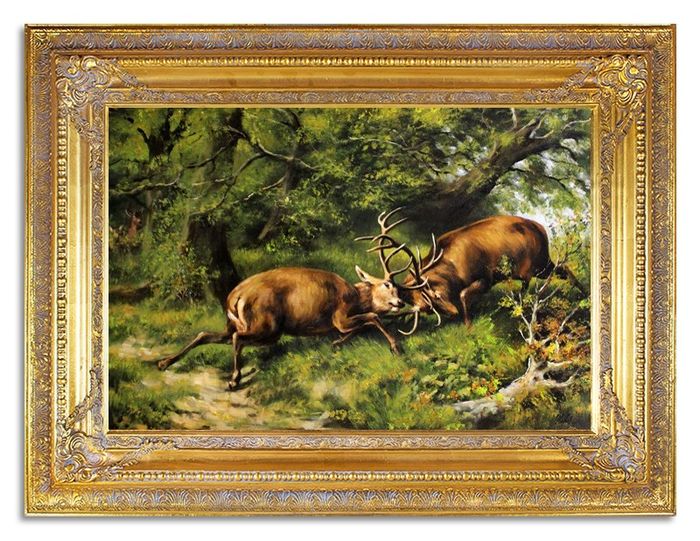 ÖLBILD ÖLGEMÄLDE GEMÄLDE HIRSCHE HIRSCH MIT RAHMEN 90 X 120 CM G95204