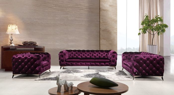 Luxus Hochwertige Sofa Couch Polster Sitz 3+2+1 Garnitur Chesterfield Lila Neu