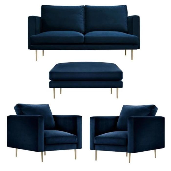 Sofa Gruppe sitz Sessel Hocker Möbel Textil Stoff Blau Zweisitzer Wohnzimmer neu
