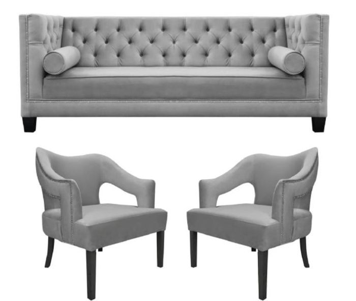 Silber Samt Garnituren Sofagarnitur 3tlg. Set Couch Sitz Polster Chesterfield