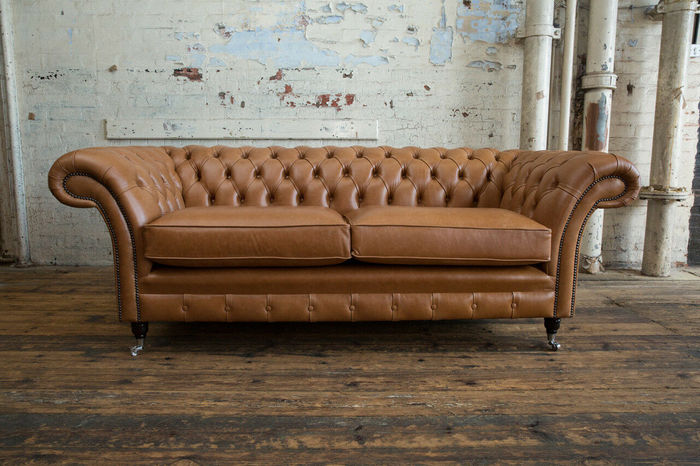 Sofa 3 Sitzer Couch Chesterfield Polster Sitz Garnitur Leder Braun Textil