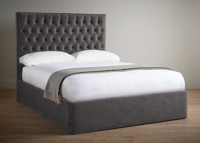 Chesterfield Grau Luxus Samt Textil Bett Doppel Design 180x200cm Betten Neu