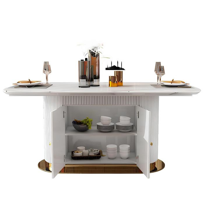 Luxus Esstisch Edelstahl Holz Imitation Stein Tisch Esszimmer 180x100cm Oval Neu