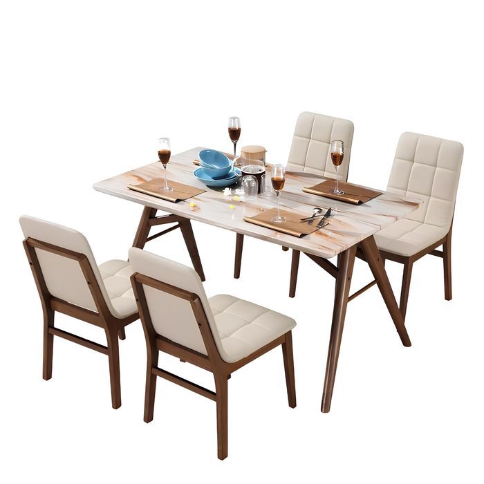 Marmor Ess Tisch Holz Designer Zimmer Komplett Set Garnitur 5 tlg. Stein Platte