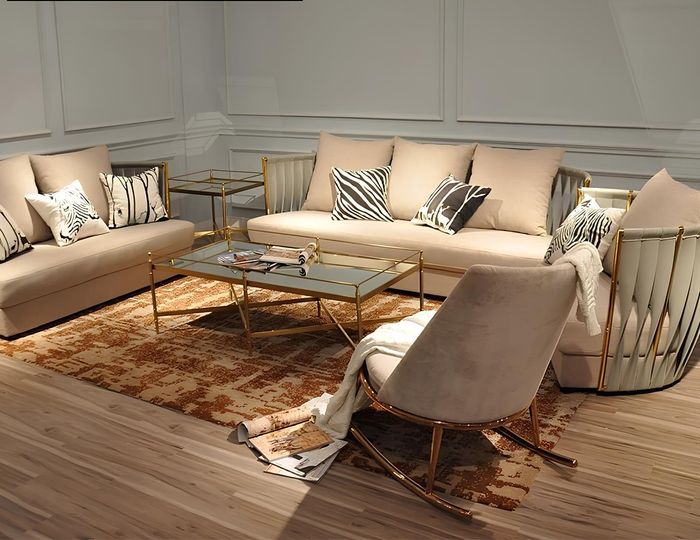 Dreisitzer Couch Polster Design Sofa 3er Sitz Sofas Zimmer Metall Beige Luxus