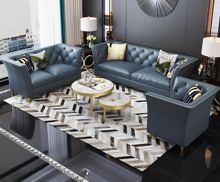 Dreisitzer Couch Polster Design Sofa 3er Sitz Sofas Zimmer Blau Chesterfield Neu